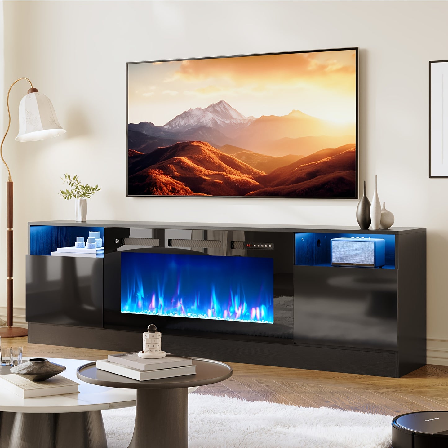 Modern Electric Fireplace TV Stand Entertainment Center with 36.3" Wall-Mounted Fireplace, 12-Color LED Lights, High-Gloss Storage Cabinet & Hardwood Construction - Fits TVs Up to 80", Energy-Efficient, Adjustable Timer