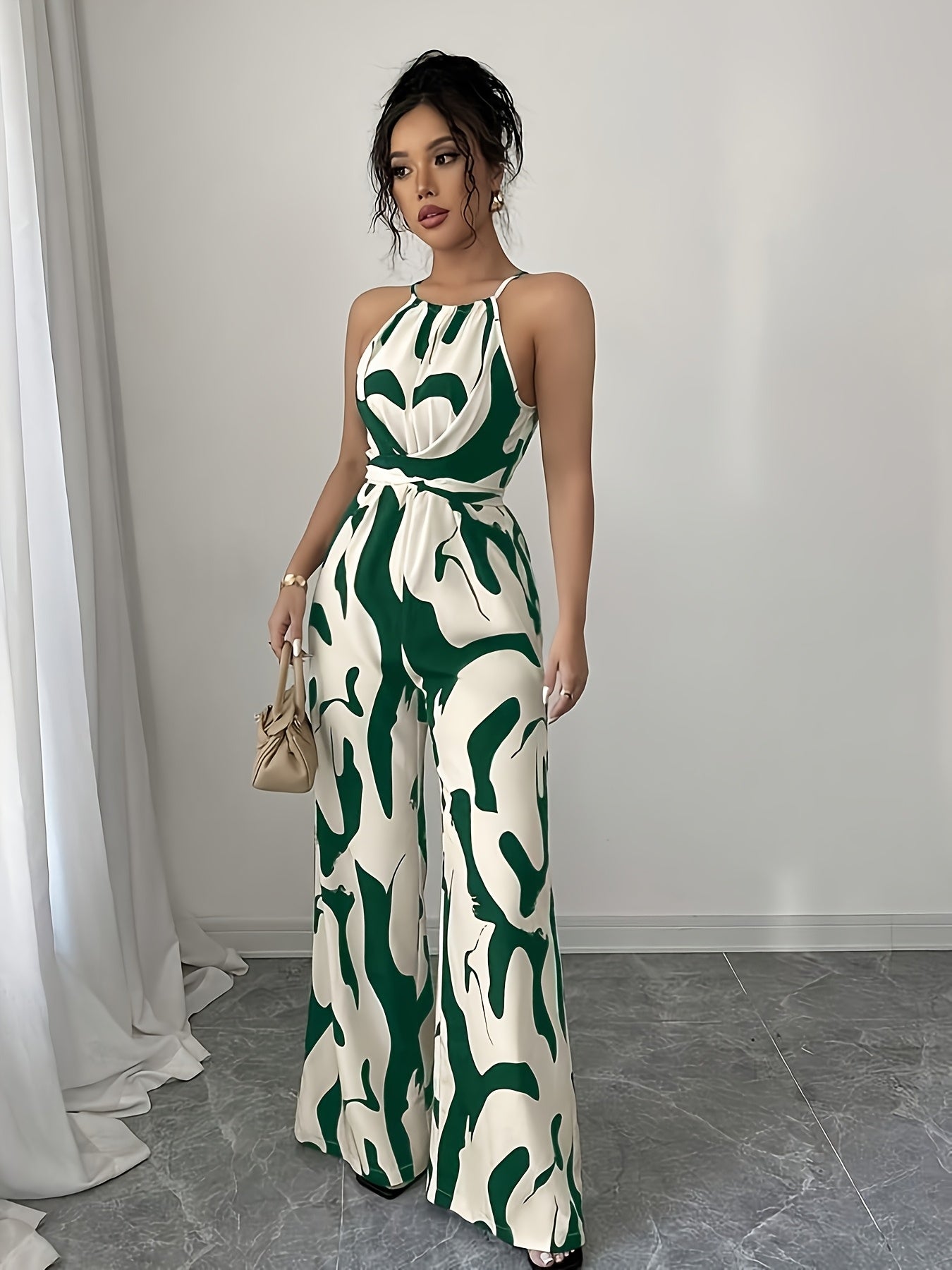 Green Women's Geometric Print Sleeveless Jumpsuit with Tie Waist and Wide Legs in White - Perfect for Night Outs, Parties, and Casual Attire, Casual Attire|Modern Casualwear|Strapless Jumpsuit