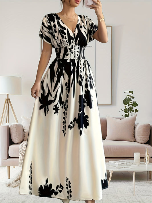Women's Elegant Floral Print Maxi Dress - V-Neck Formal Party Wedding Guest Gown, Black and White Floral Pattern, Machine Washable Evening Outfit for Women, Concert Attire, Cinematic Style, Fitted Elegance