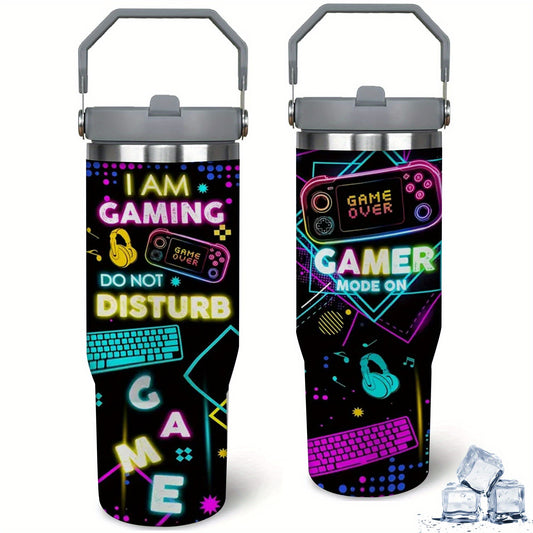 30 Oz Insulated Gamer Mug, 304 Stainless Steel Travel Tumbler, Gaming-Themed Double Wall Vacuum Cup with Straw and Handle, for Hot and Cold Beverages