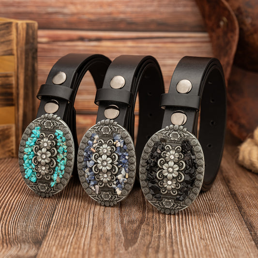 GLEEBUY 1.1in Oval 3D Floral Rhinestone Belt with Turquoise Accents - Vintage Embossed Adjustable Unisex Belt for Casual, Party & Daily Wear, Cute Belt, Casual Accessory, Sophisticated Accessory