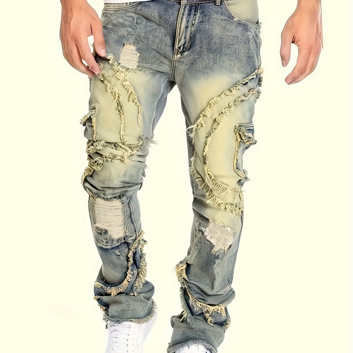 HME Men's Skinny Jeans - Heavy Washed Vintage Streetwear Pants with Patchwork Stitching, Stretch Denim (Cotton-Based), Mid-Rise Fit, All-Season Urban Fashion Jeans for Men, Casual Streetwear, Versatile Bottoms, Retro Style, D