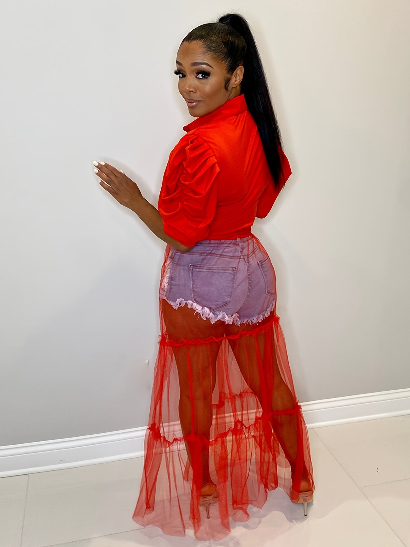 [Sexy Mesh Dress] Sexy Short Sleeve Mesh Dress, Women's Shirt Top Stitching Turn Down Collar Tie Waist Dress