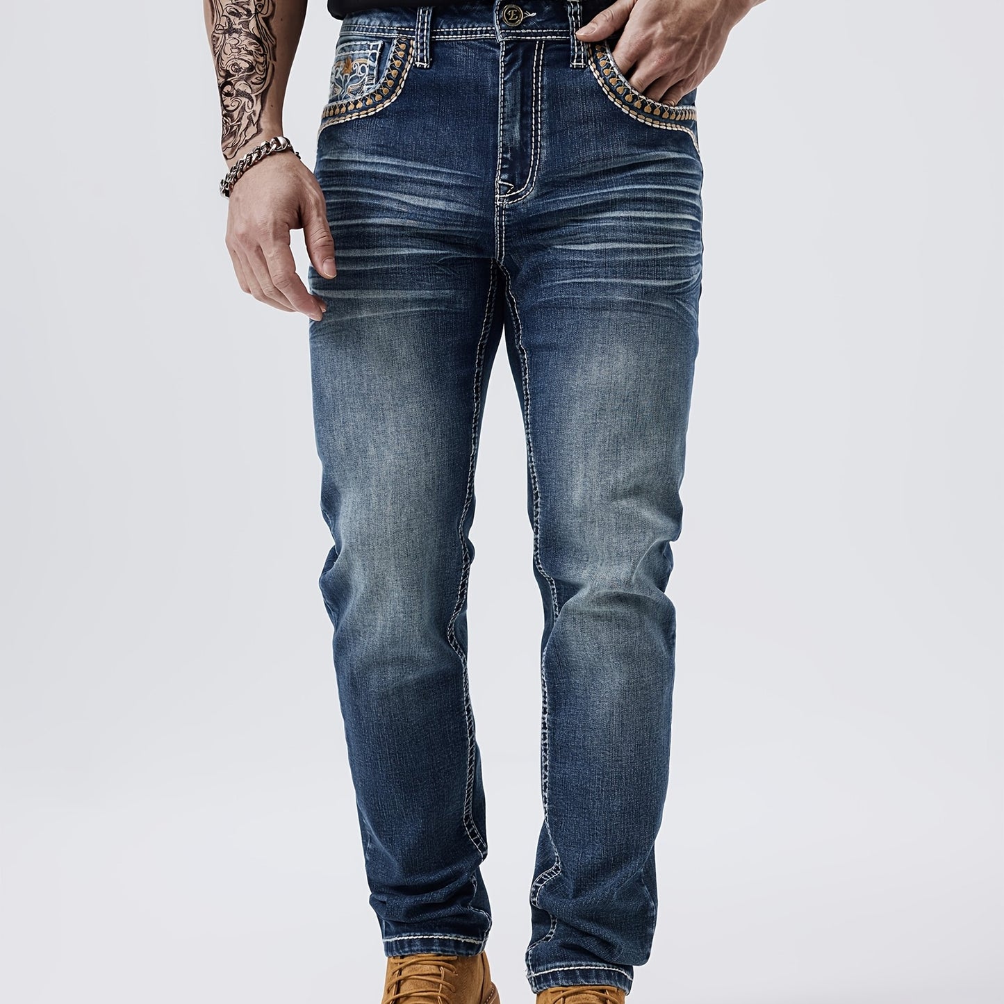 Men'S ESDVQ Embroidered Denim Jeans - Stretchy, All-Season, Casual Straight Leg Jeans With Brown Boots, Casual Attire | Embroidered Jeans | Casual Fit Jeans