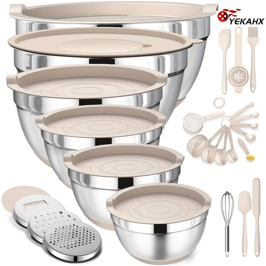 26pcs Stainless Steel Nesting Bowls Set with Airtight Lids & Non-Slip Silicone Base - Heavy-Duty 304 Stainless Steel, Space-Saving Stackable Design, Dishwasher Safe - Multi-Size Bowls for Baking, Mixing, Serving, Storage - Id