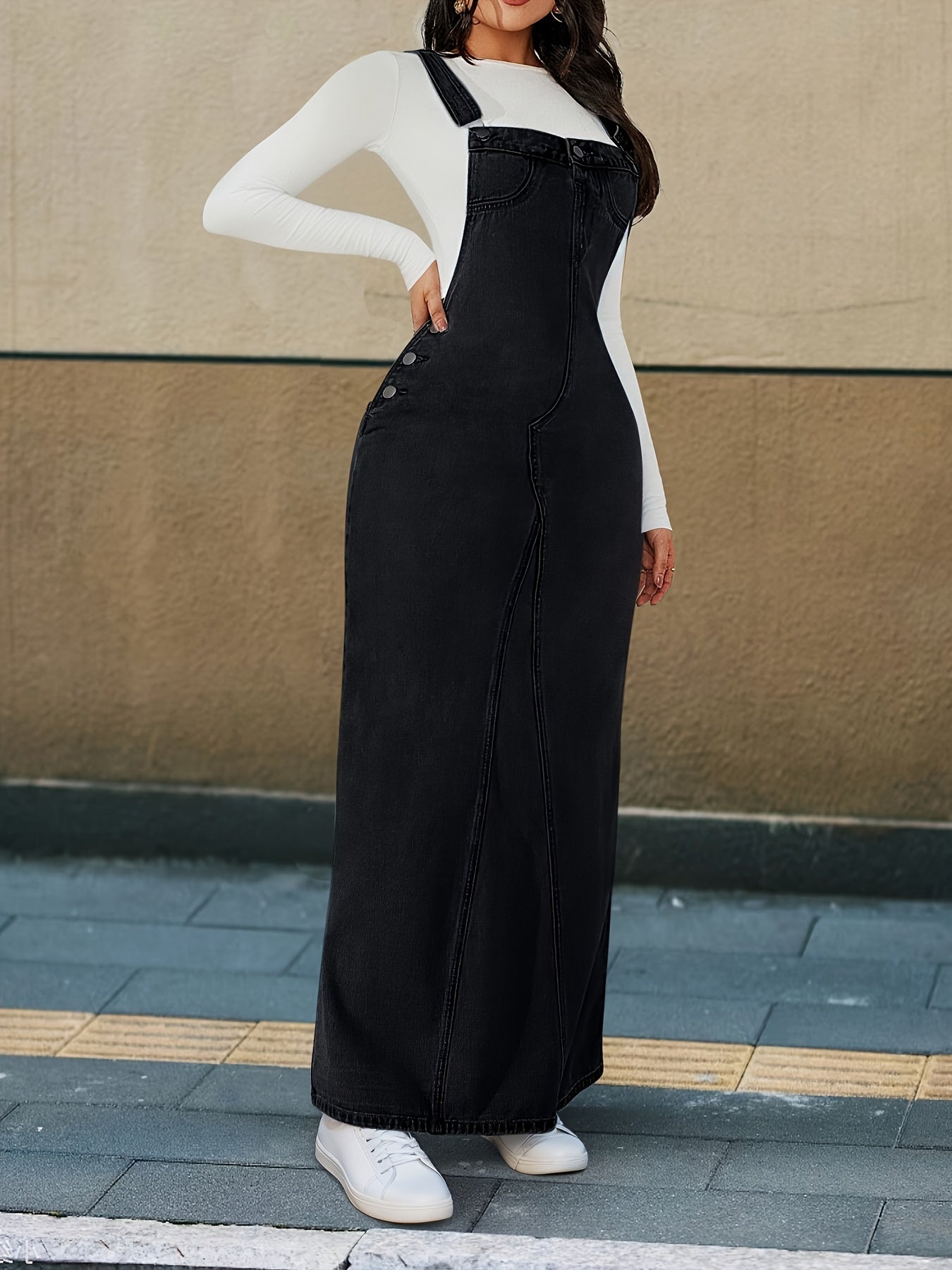 Durable Denim Dress - Women's Non-Stretch Loose Fit Long Skirt with Detachable Strap, Multiple Buttons for Easy Closure, Everyday to Formal Outfits - Casual Chic Outwear, Versatile Outfit Option