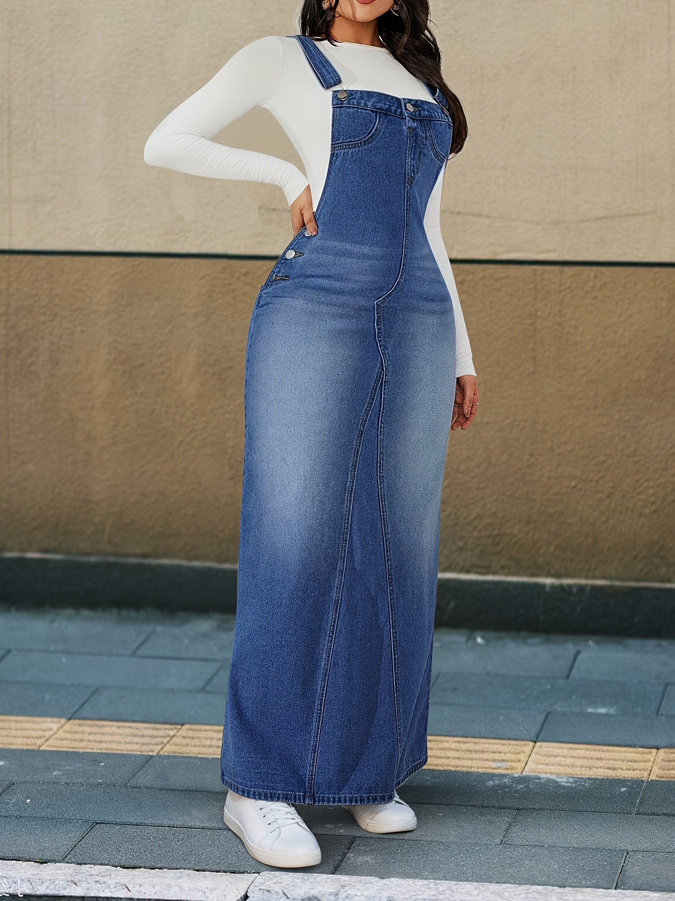 Durable Denim Dress - Women's Non-Stretch Loose Fit Long Skirt with Detachable Strap, Multiple Buttons for Easy Closure, Everyday to Formal Outfits - Casual Chic Outwear, Versatile Outfit Option