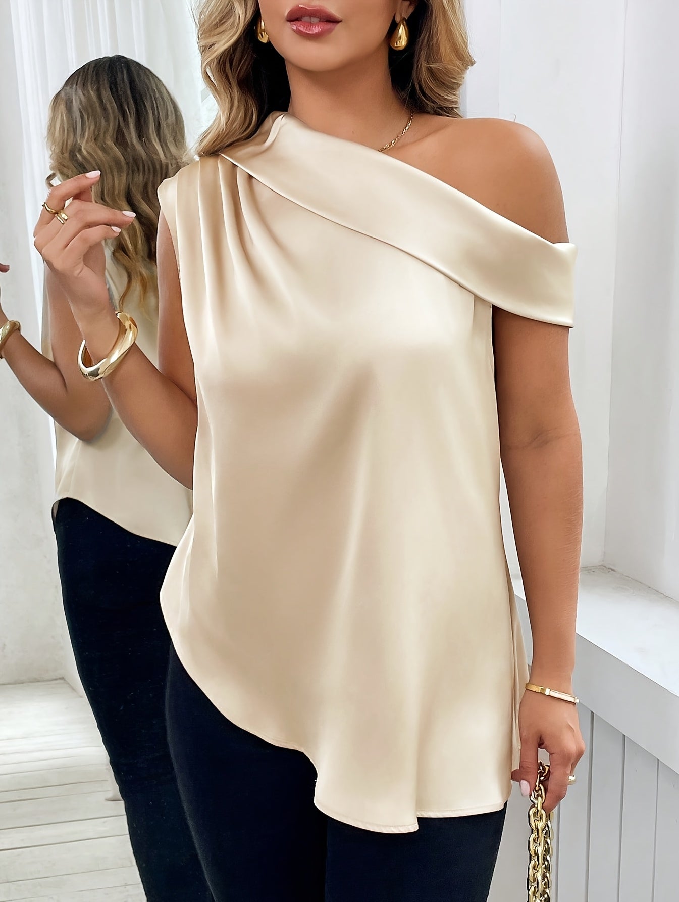 Elegant Off-Shoulder Blouse for Women - Chic Asymmetrical Neckline, Solid Color, All-Season Versatile Top, Perfect for Casual or Stylish Outfits, Versatile Fashion | Chic Off shoulder | Asymmetrical Neckline, Ladies Blouses