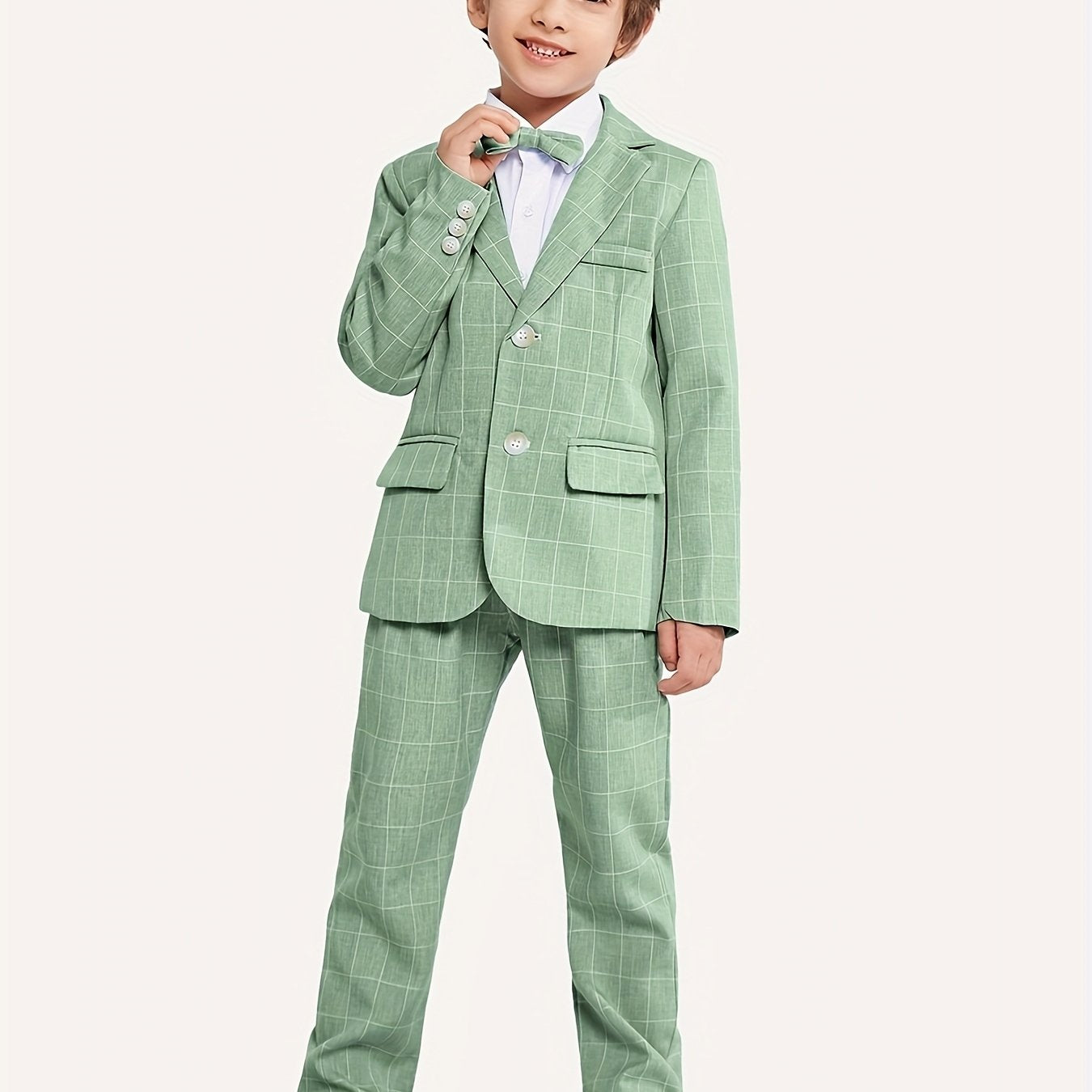 Kids' Elegant Blue Checkered Suit with Bow Tie - Perfect for Weddings and Formal Events, Slim Fit, Long Sleeve, Non-Stretch Fabric, Party Attire|Formal Attire|Slim Fit Suit