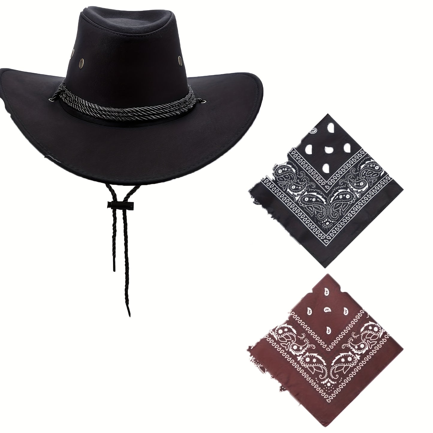 3pcs Set Of Western Cowboy Hat And Scarf, Unisex for Adults, Suitable for Costume Parties, Drawstring Closure, Ideal for Beach Leisure, Cycling, Makeup Parties, Cowboy Hat Accessories.