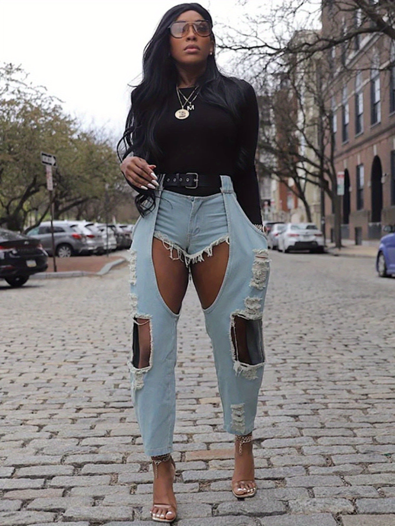 [Vintage Y2K Streetwear Jeans] Vintage Distressed Women's Y2K Streetwear Jeans | Non-See-Through Ripped Denim Pants with Button Closure, Loose Fit for Everyday & Formal Outfits - Fall/Winter Casual Pants, Fall Fashion, Street