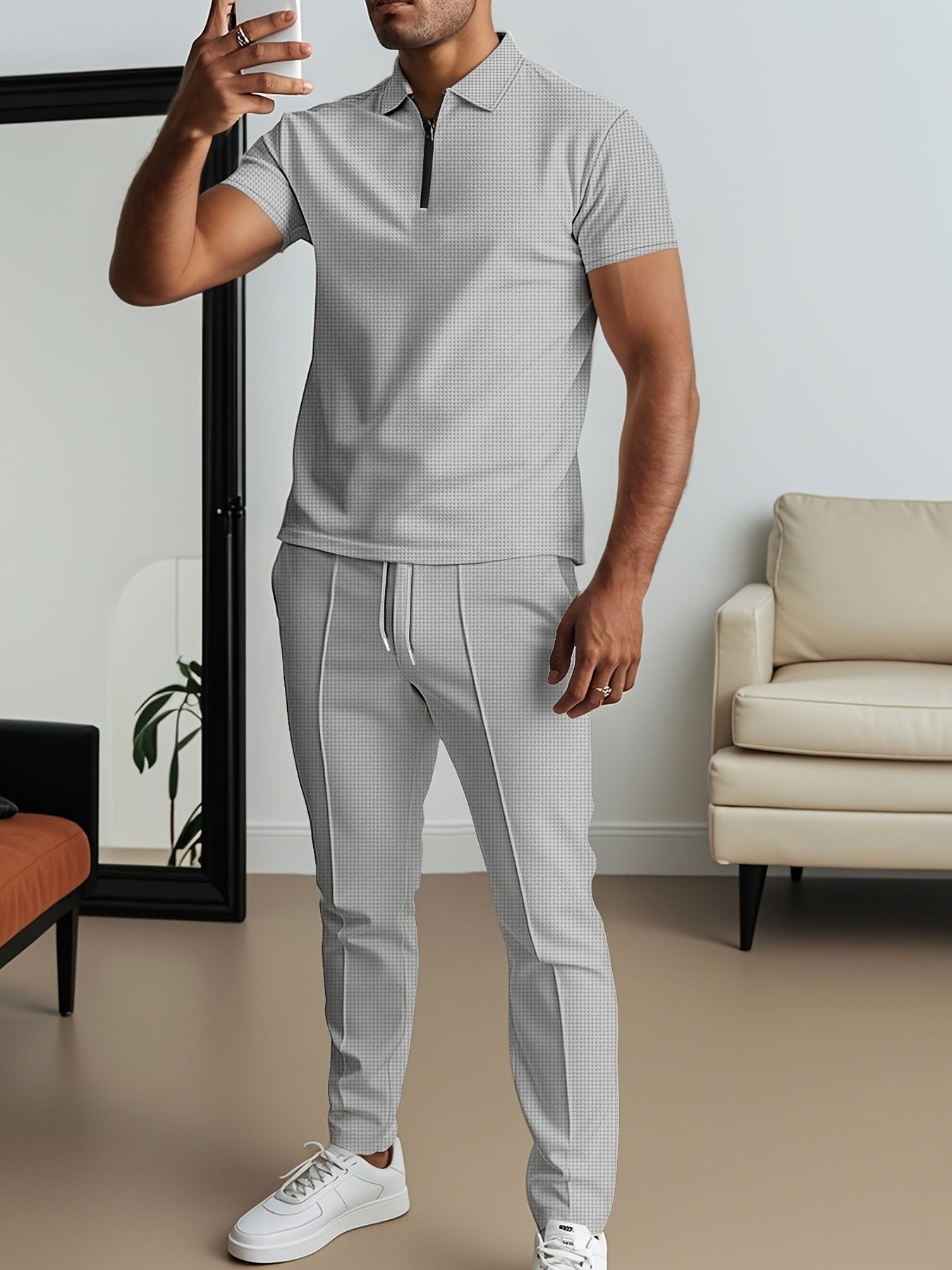 Men's Waffle Texture Lapel Shirt And Pants Set - Polyester Short Sleeved Shirt, Zipper Access, Elastic Drawstring Waist Straight Leg Pants 5 Colors Suitable For Spring, Summer, Autumn, Beach, Outdoor Activities, Daily Wear, S