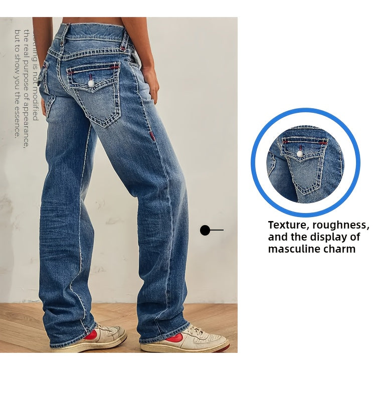 HME Men's Classic Blue Jeans - Mid-Rise Loose Straight-Leg Non-Stretch Pants, Machine Washable Vintage Washed Look with Flip-Over Back Pockets - Everyday Casual Jeans for Year-Round Wear