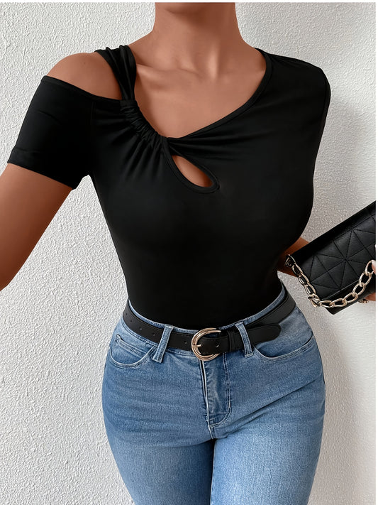 Women'S Chic Black Short Sleeve Crop Top with Keyhole Detail - Stylish Vacation Wear, Solid Color, Regular Fit, Spring/Summer Essential, Crop Top Blouse