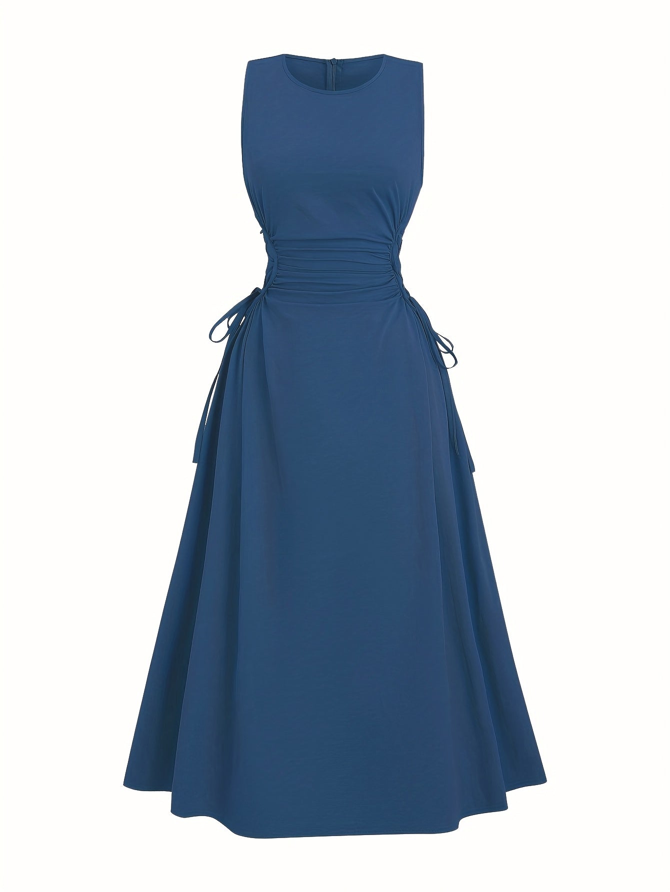 Halloween Elegant Navy Blue A-Line Dress for Women - Sleeveless, Cinched Waist with Tie Detail, Ruffled Hem, Perfect for Spring/Summer/Fall, Casual Elegant Wear | Sleeveless Dress | Cinched Waist Design