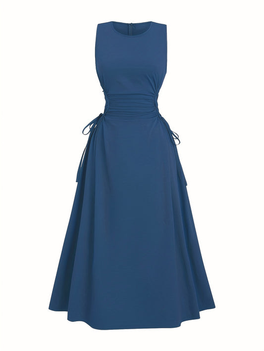 Halloween Elegant Navy Blue A-Line Dress for Women - Sleeveless, Cinched Waist with Tie Detail, Ruffled Hem, Perfect for Spring/Summer/Fall, Casual Elegant Wear | Sleeveless Dress | Cinched Waist Design