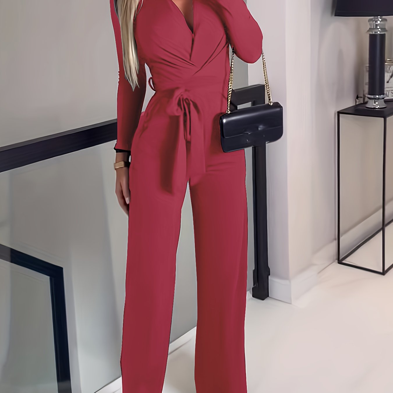 Women'S Sexy Elegant Strappy Waist Cinching Jumpsuit - Formal & Casual Outfit, V-Neck Pantsuit, Non-See-Through Fabric for Parties, Office, Casual Attire - Spring/Fall Women'S Clothing, Party Outfit, Fitted Silhouette, Durabl