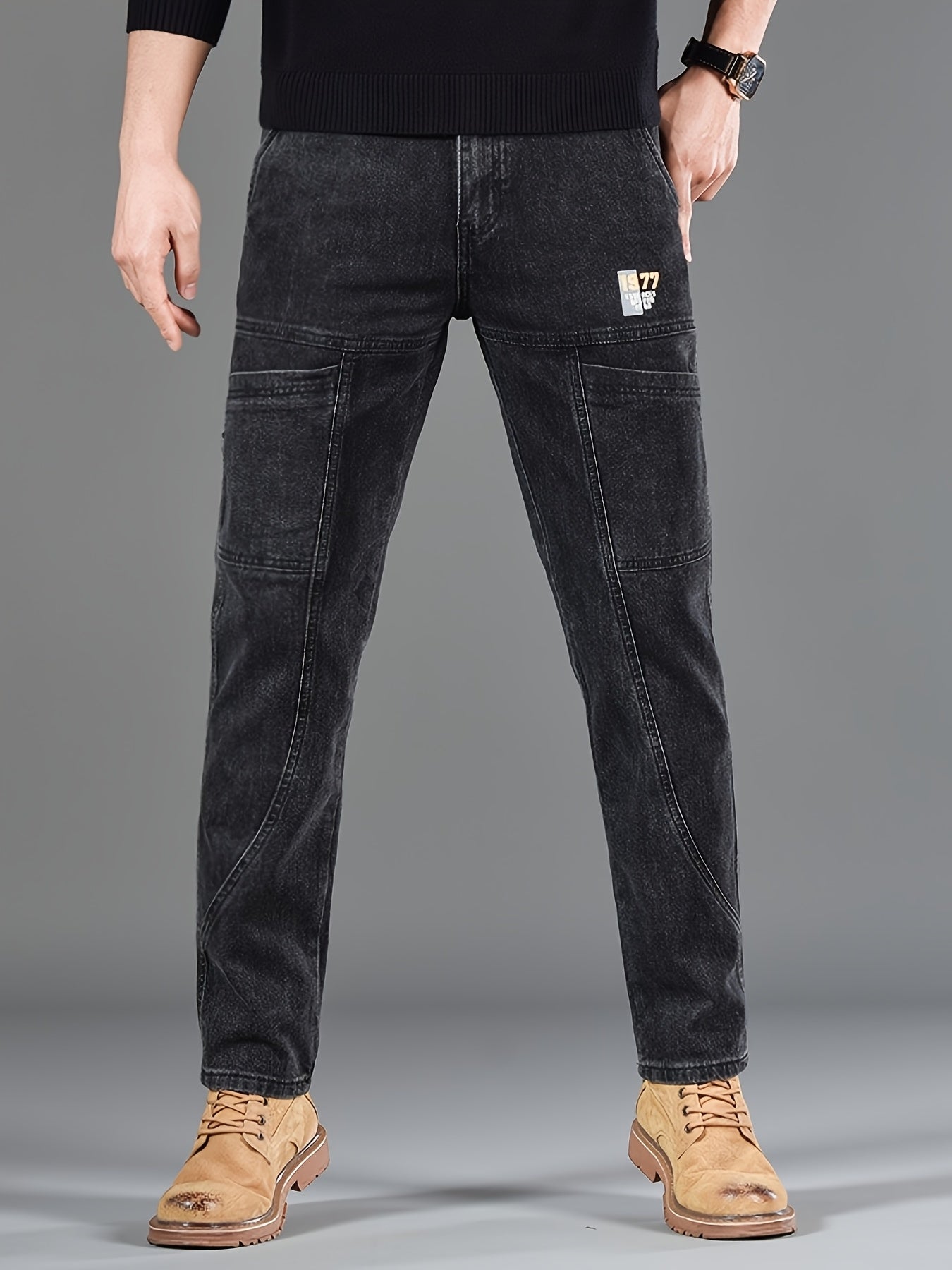 Men'S Small Straight Tube Style Fashionable Printed Six Pocket Design Micro Elastic Denim Pants