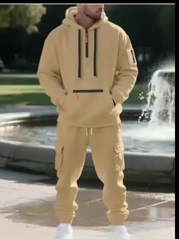 1 Set 2pcs Men's Athletic Casual Tracksuit - Fleece Lined Hooded Long Sleeve Pullover Sweatshirt & Pocketed Sports Pants, Warm Fleece Lining with Breathable Fabric, Perfect for Daily Wear, Outdoor Activities, Home Leisure - M