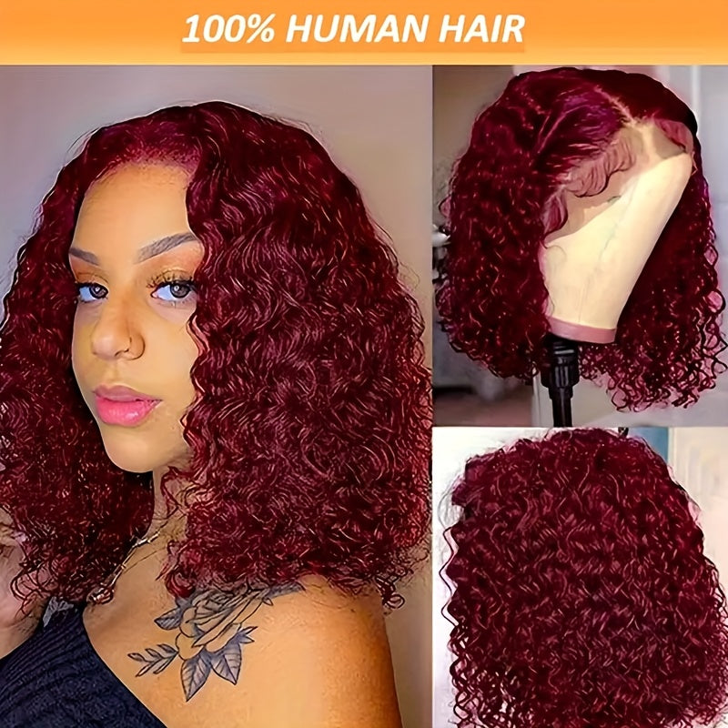 13x4 Burgundy Deep Wave Lace Front Wig - 250% Density, 100% Brazilian Virgin Human Hair, Pre-Plucked with Baby Hair, Glueless Design for Women, Wet and Wavy Look, Bye Bye Knots, Natural Red Color