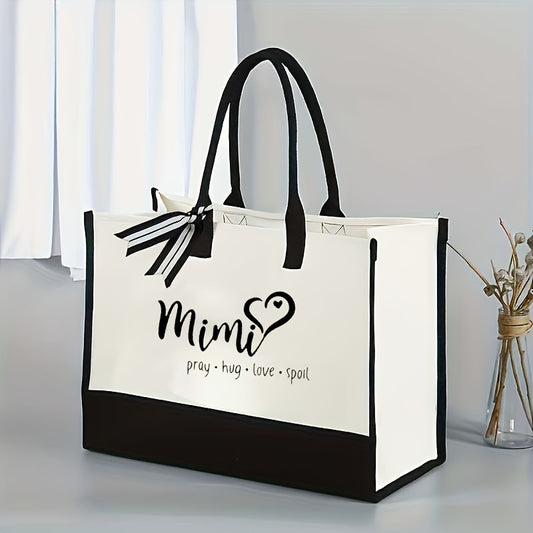 Women's Tote Bag 1pc - Large Capacity Durable Polyester Tote with Double Handles, Minimalist Design & "Mimi" Heart Print, White/Black for Travel, Beach, Halloween Gift, Shopping Essentials, Large Tote Bag