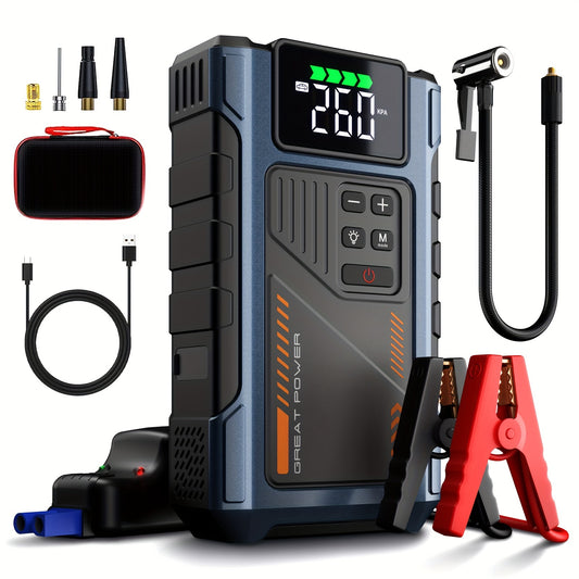 Portable Tire Inflator & Jump Starter Combo, 3000A High-Power Air Compressor with LED Light, USB Power Bank, and Digital Display for Cars, Motorcycles, Bikes, and Sports Balls (Includes Jumper Cables, Air Hose, and Adapters),