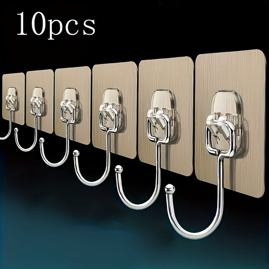 10 Strong Reusable Wall Hooks, No Need to Drill Holes - Waterproof And Oil-resistant, Suitable for Bathrooms And Kitchens - Ideal for Hanging Towels, Cups, Spatulas, Can Openers, And Scissors