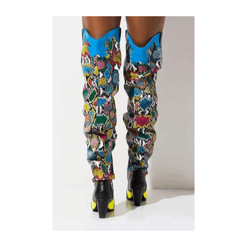 HILDA Colorful Snakeskin Over-the-Knee Boots – Chunky Low Heel Western Style