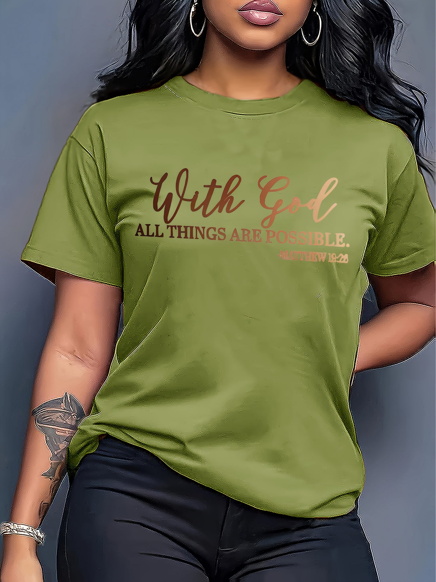 [Soft Christian Faith T-Shirt] Women's Soft Everyday Christian Faith T-Shirt | 'With God Everything is Possible' Bible Verse (Matthew 26:4) | Light Blue Casual Top for Church, Everyday Outfits | Machine Washable, Durable, Com