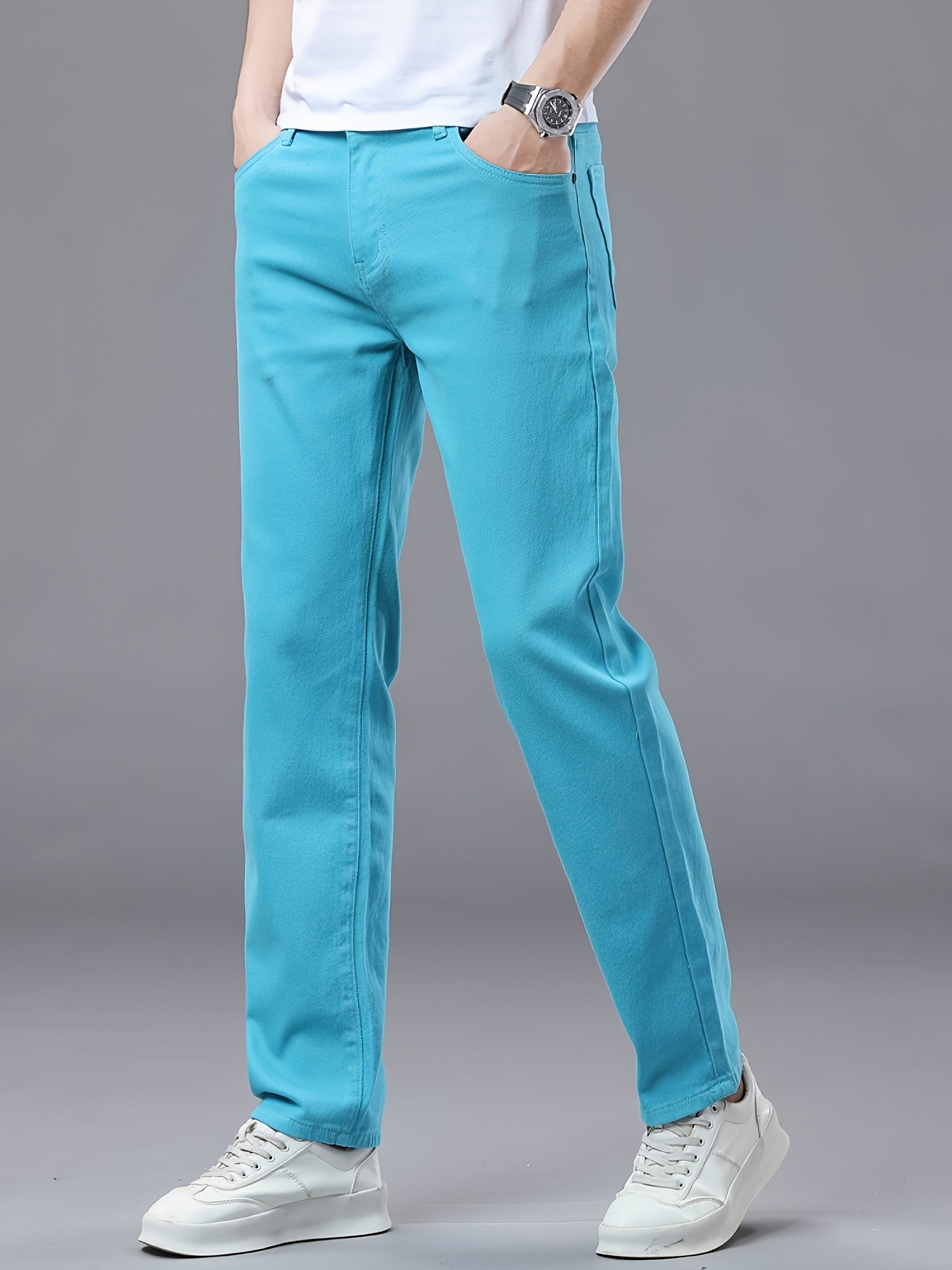 Men's All-Season Slim-Fit Straight-Leg Business Casual Faux Denim - Mid-Rise Beltless Design with Built-In Zipper Closure, Water-Washable Stretch Fabric, Multi-Color Options for Office, Semi-Formal & Casual Attire - Versatile