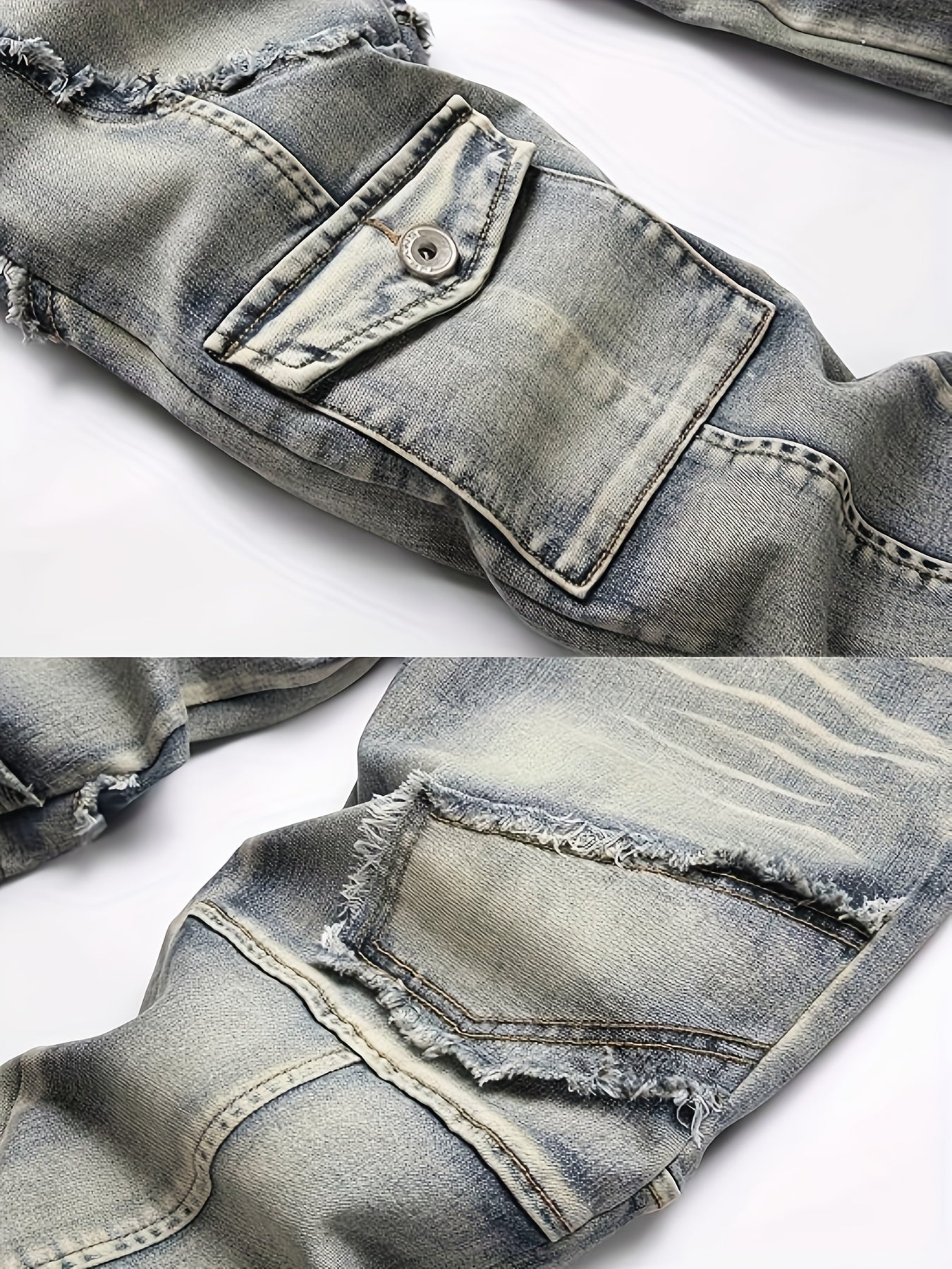 Men'S Mid-waist Vintage Washed Process Frayed Elastic Denim Skinny Jeans