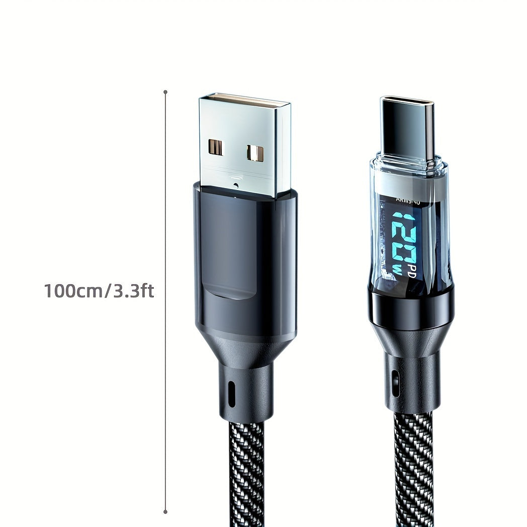 [Fast Type-C Cable] Super Fast 120W USB A to Type-C Cable - LED Digital Display, Matte Finish, Data Sync, USB Power Delivery, 6A High Current - Compatible with iPhone 15/16, Xiaomi, POCO, Samsung