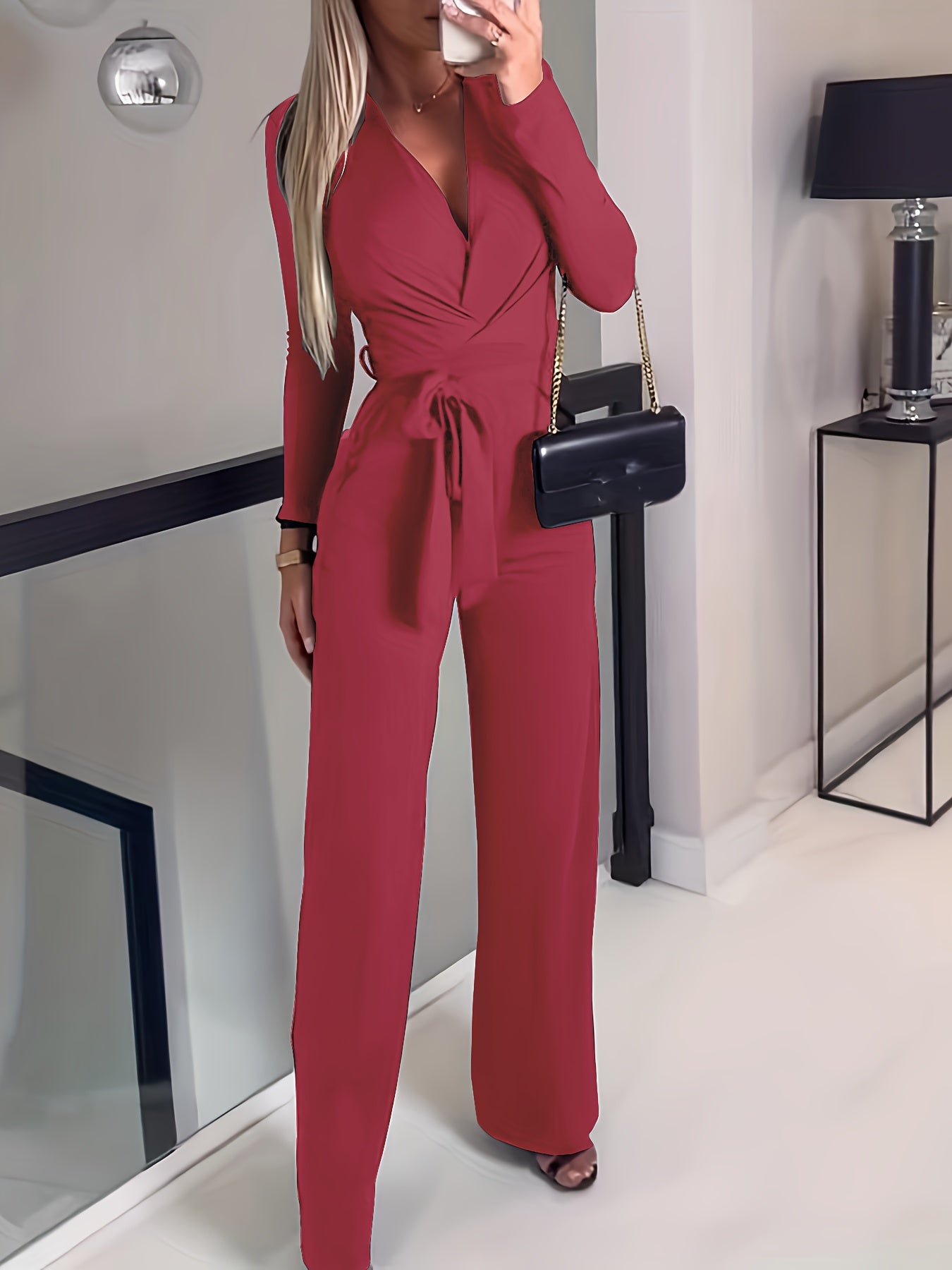 Women'S Sexy Elegant Strappy Waist Cinching Jumpsuit - Formal & Casual Outfit, V-Neck Pantsuit, Non-See-Through Fabric for Parties, Office, Casual Attire - Spring/Fall Women'S Clothing, Party Outfit, Fitted Silhouette, Durabl