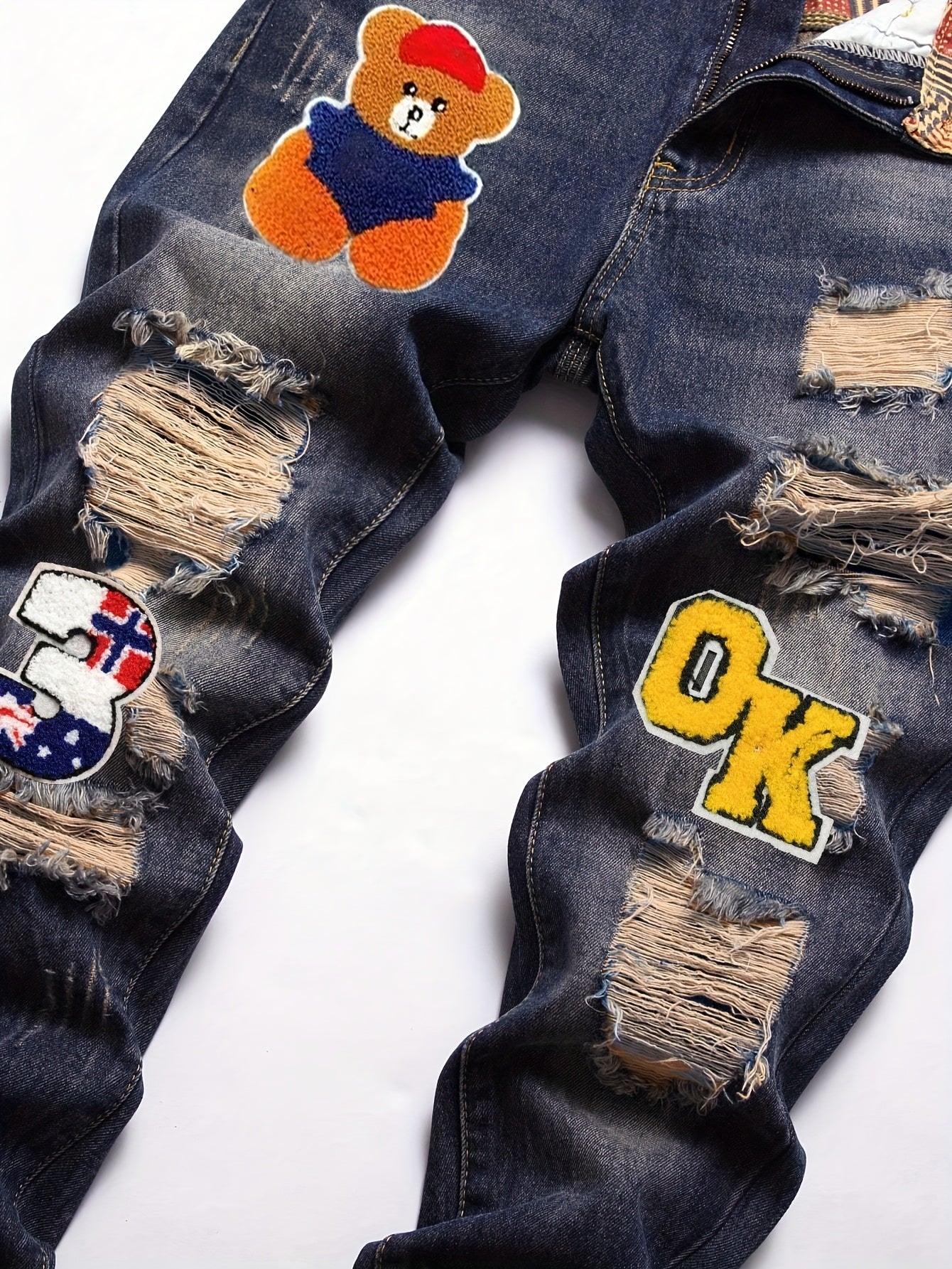 [Trendy Boys' Retro Jeans] Trendy Boys' Retro Washed Blue Jeans | Cartoon Teddy Bear Patch Embroidered Hole Straight Leg Youth Clothing