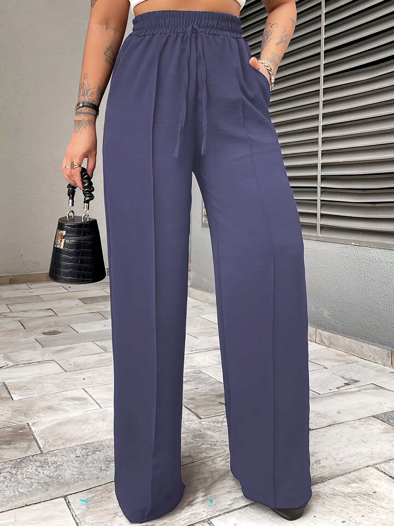 Elegant Middle-Eastern Polyester Straight Leg Pants 95% Polyester 5% Elastane Solid Color with Faux Drawstring Detail Spring/Fall Collection for Women - Woven Fabric, Comfort Fit Lounge Trousers with Pockets