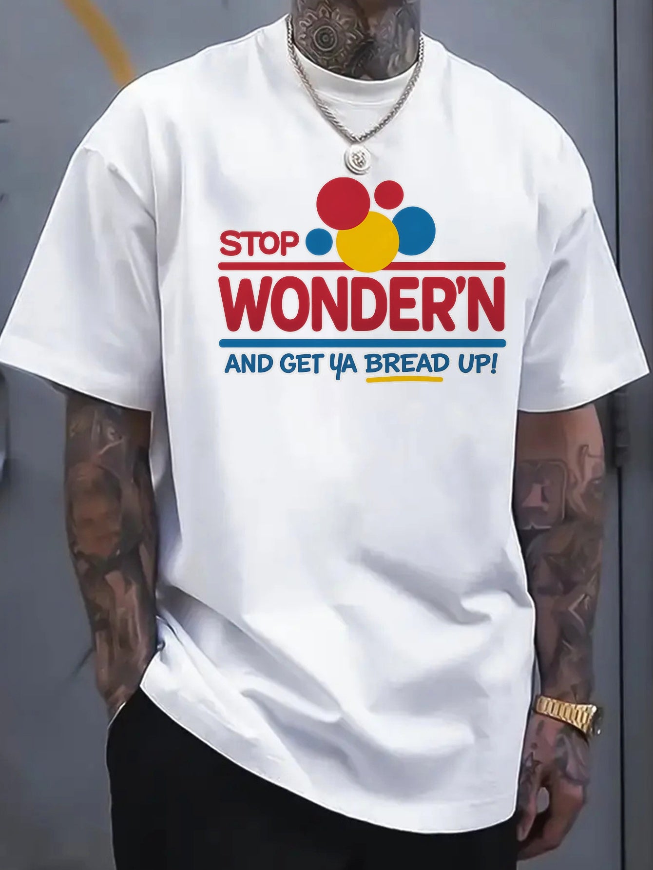 Men's Soft Cotton T-Shirt with "Stop Wondering and Get a Bread Up!" Graphic Print - Casual Loose Fit, Short Sleeve, Round Neck, Breathable & Comfortable for Casual Attire, Gym, or Summer Activities, Gym Shirts
