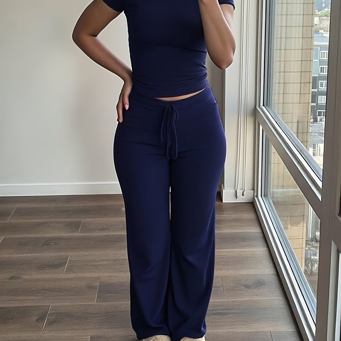 Maroon Women's Two-Piece Set: Short Sleeve Crop Top & High-Waisted Wide-Leg Pants - Cozy Fleece Loungewear with Drawstring Waist, Soft & Comfortable for Casual Home Wear, All-Season Wear, Loungewear Set|Casual Style|Soft Flee