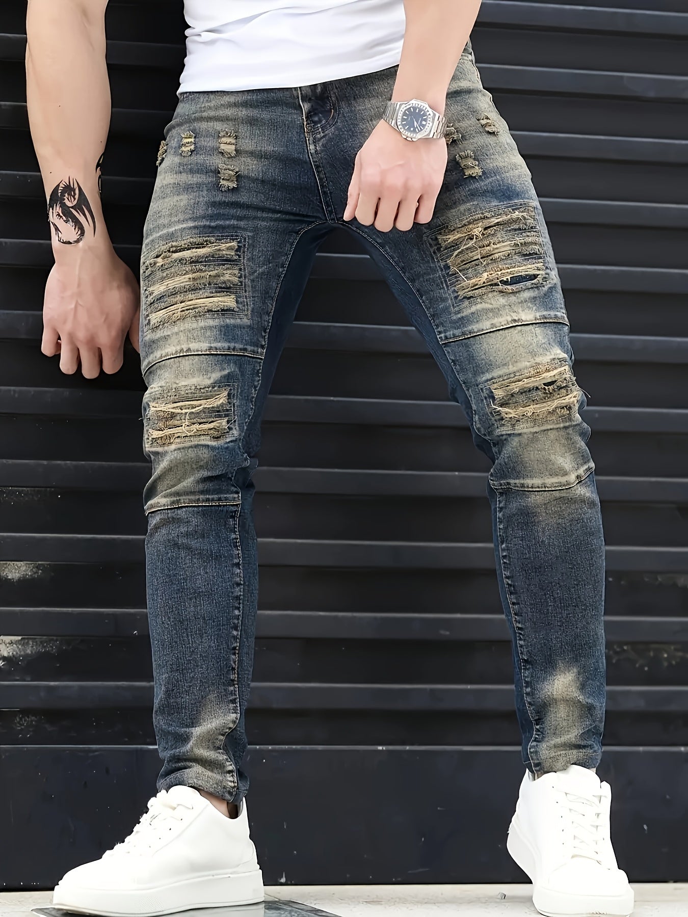 Men's Jeans, Stretch Denim Feet, Ripped, Craftsmanship, Slim, Dark Blue, Worn Men's Pants, Suitable for All Seasons