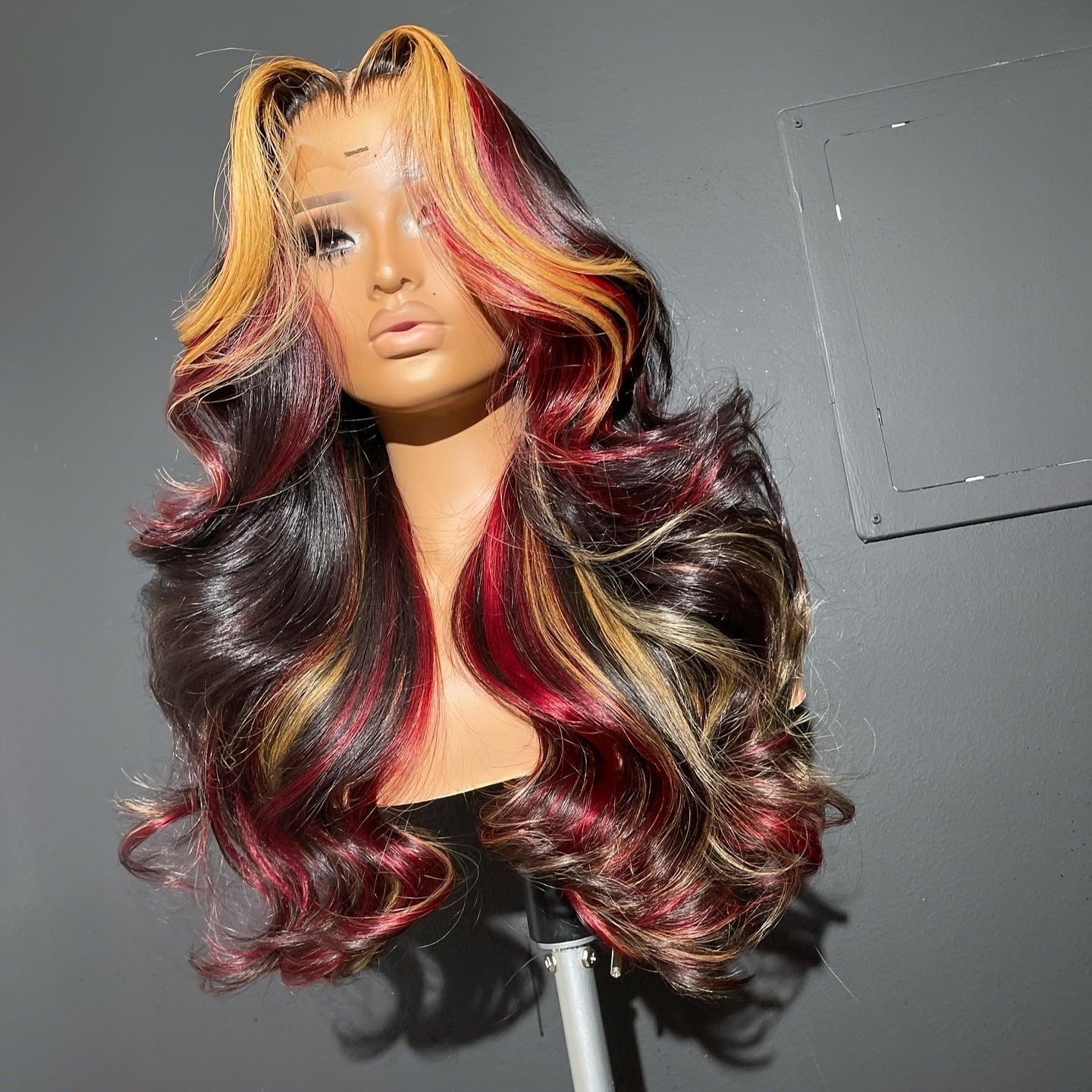 13x4 HD Lace Front Wig with Blonde & Red Highlights - Body Wave Synthetic Hair 180% Density Pre-Plucked Glueless 28 Inch Natural Look for Women All Ethnicities, Versatile Hairpiece | Elegant Hairpiece