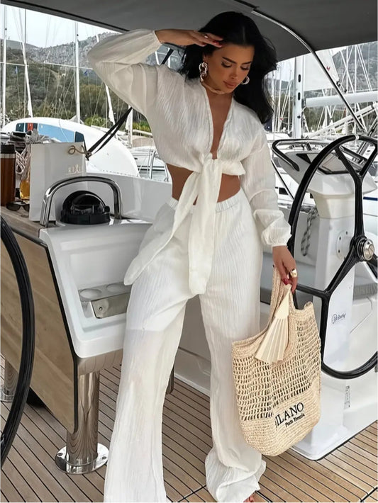 Effortlessly Chic Resort-Inspired Casual Ensemble, White Lace-Up Cropped Long-Sleeve Top, White Draped Wide-Leg Pants, Pant Suits For Women Plus Size, Plus Size Pant Suits For Women, Trouser Suits For Women, Dressy Pantsuits