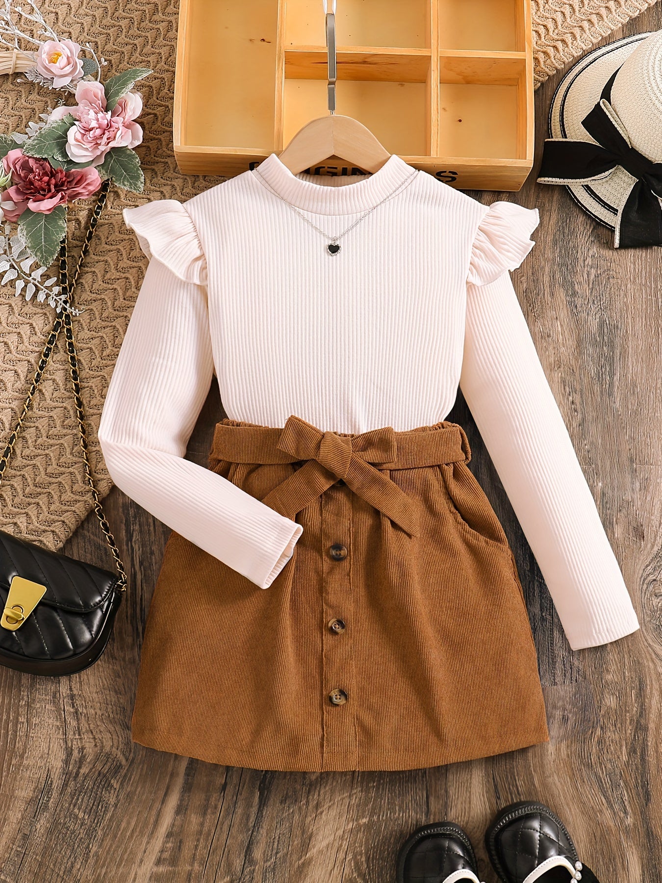 ' Elegant Solid Color Long Sleeve Half Dress Set - A-Line Skirt with Waist Tie Belt, Soft Breathable Fabric, Classic White & Brown Outfit for Spring & Fall, Casual to Semi-Formal Occasions, Casual Attire, School Events, Famil