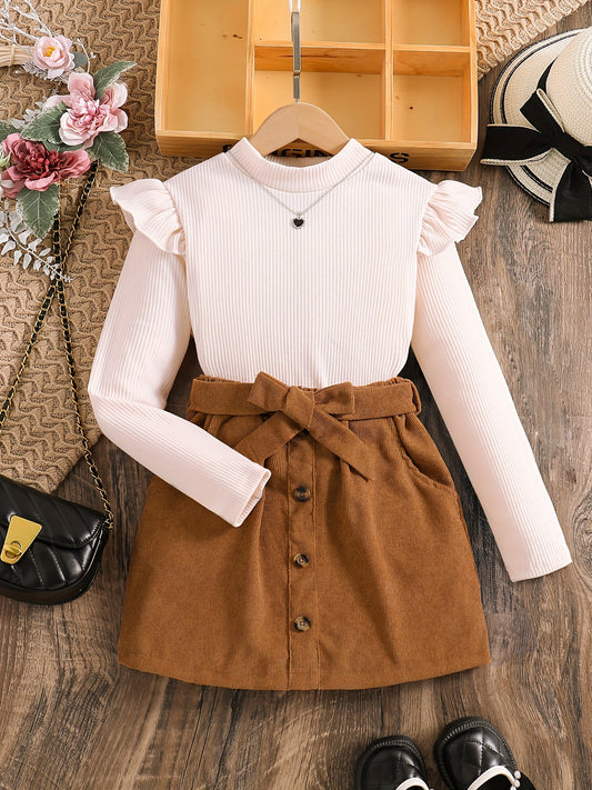 ' Elegant Solid Color Long Sleeve Half Dress Set - A-Line Skirt with Waist Tie Belt, Soft Breathable Fabric, Classic White & Brown Outfit for Spring & Fall, Casual to Semi-Formal Occasions, Casual Attire, School Events, Famil