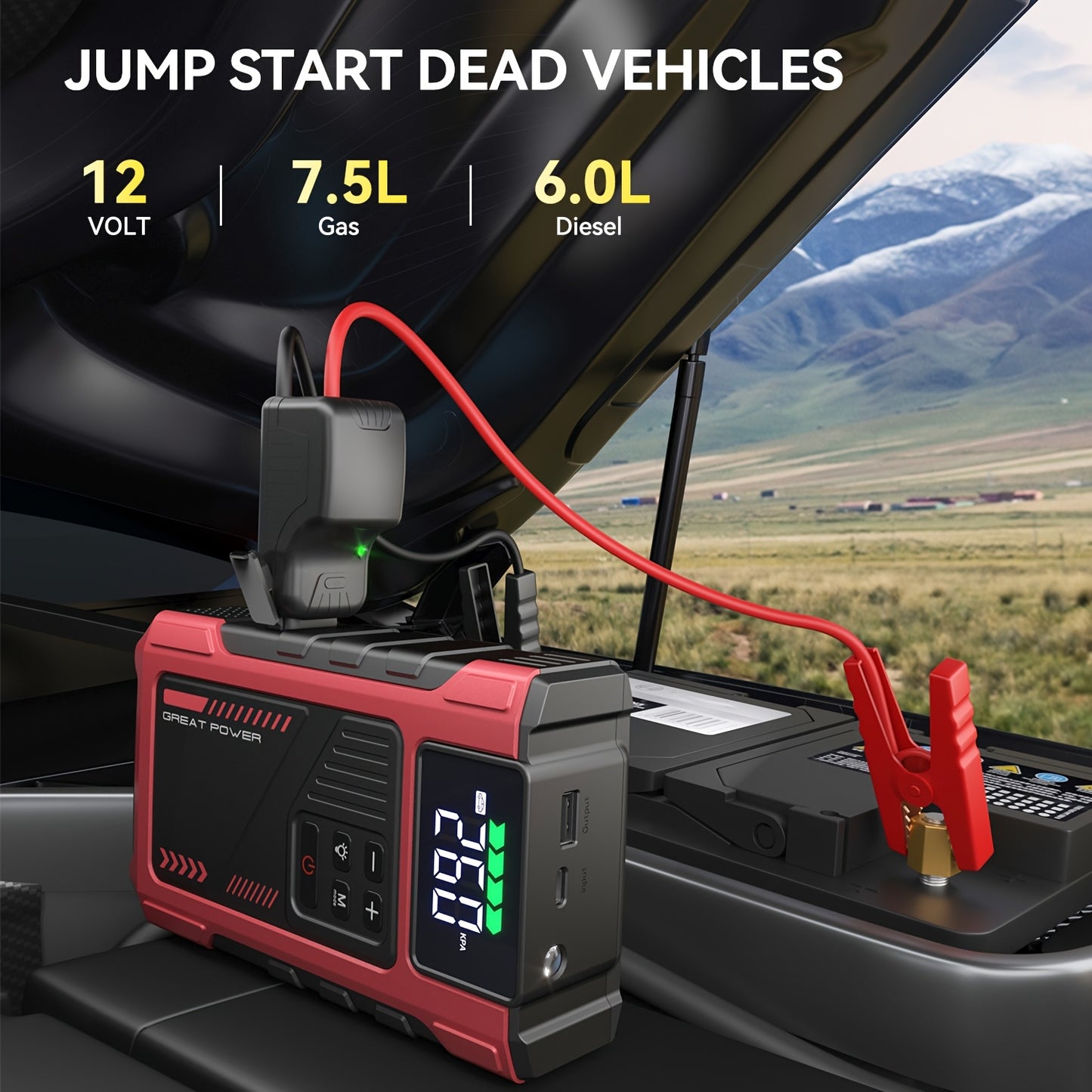 Portable Car Air Compressor & Jump Starter with LED Emergency Light, 3000A Peak Power, 12V for Gas/Diesel Engines, USB Input/Output, Digital Tire Inflator, Red, Insulated Material, Fast Charging, Car Accessories Tools, Vehicl