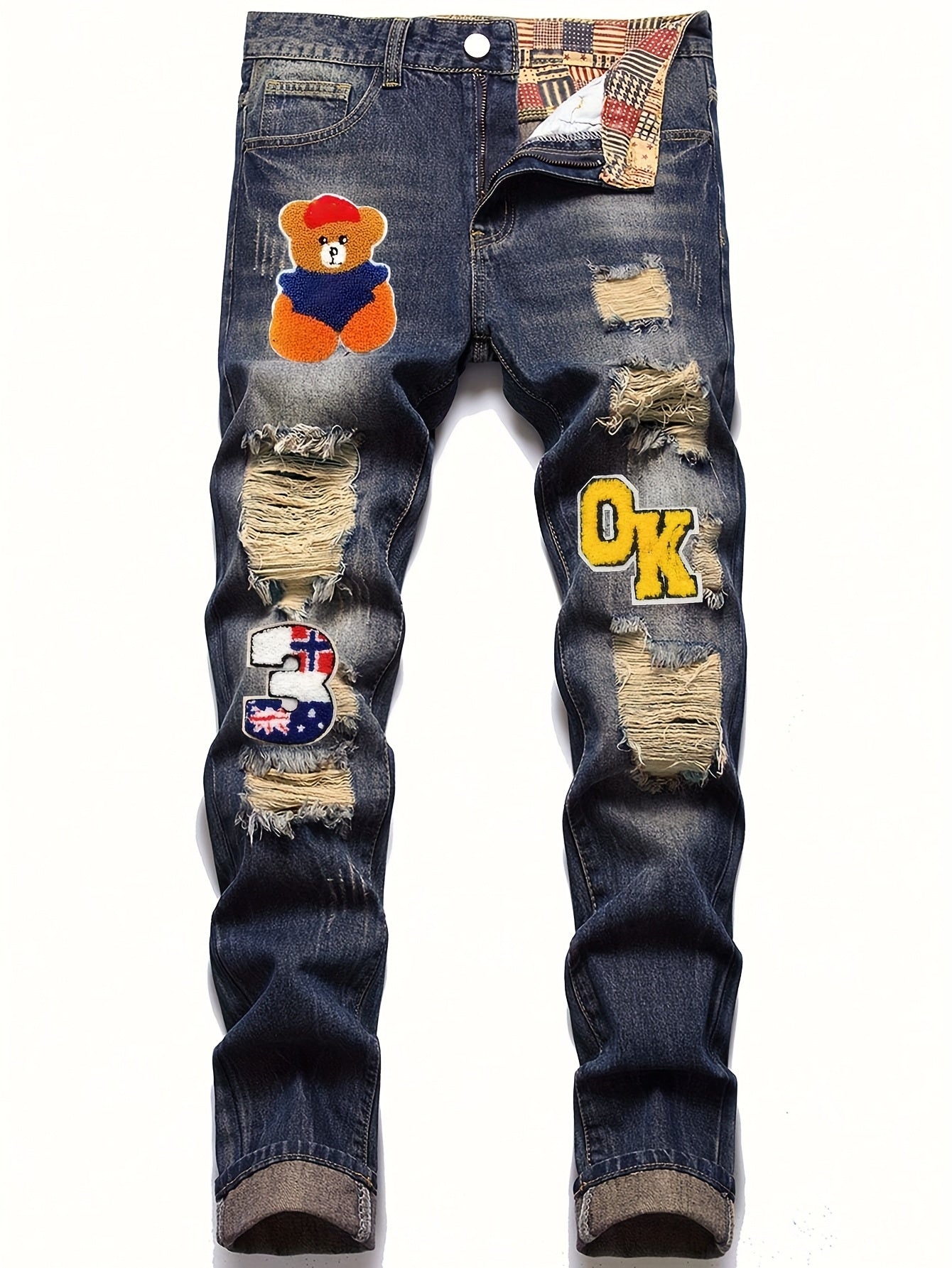 [Trendy Boys' Retro Jeans] Trendy Boys' Retro Washed Blue Jeans | Cartoon Teddy Bear Patch Embroidered Hole Straight Leg Youth Clothing