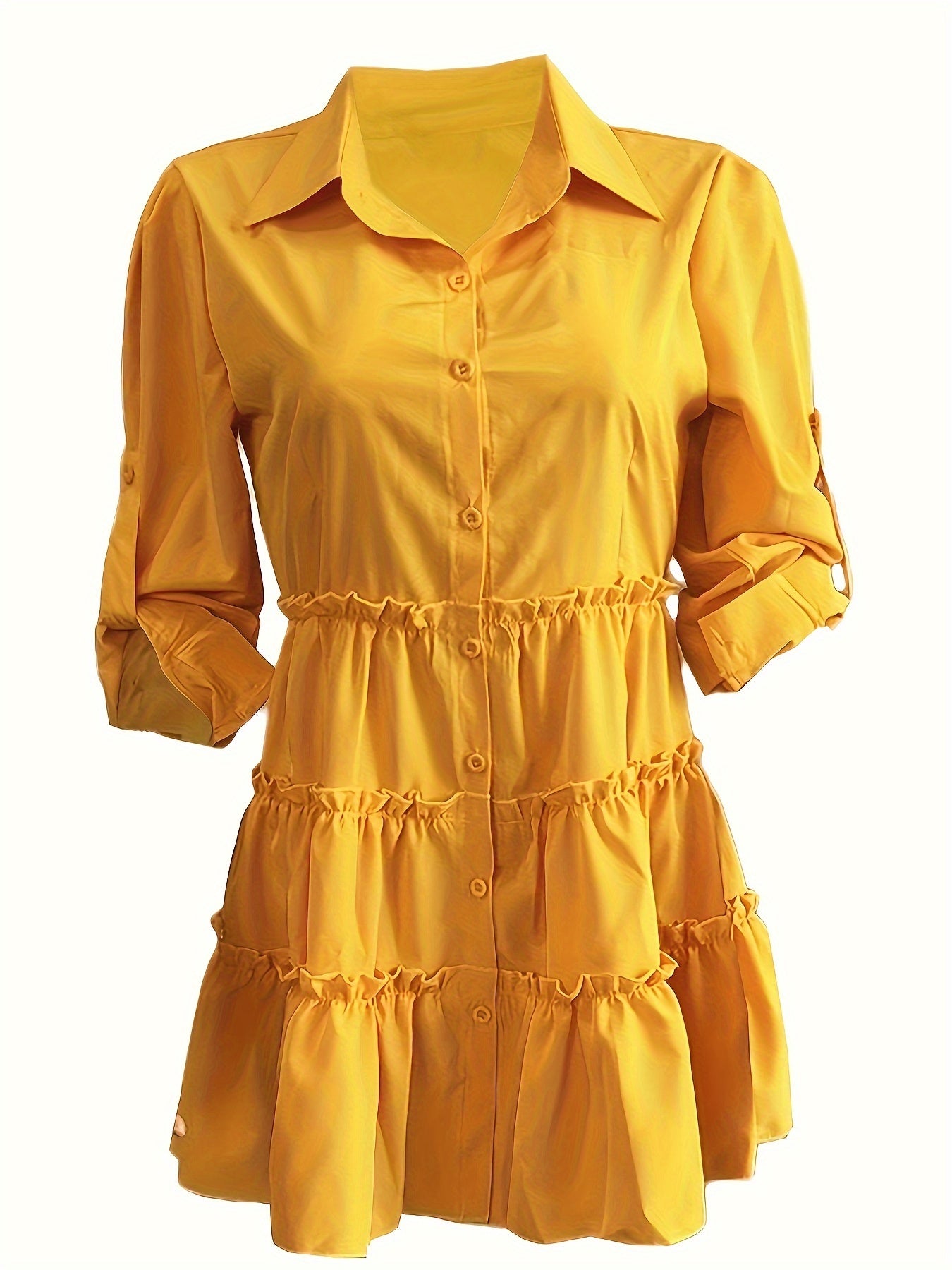 Single Elegant Half Sleeve Ruffle Trim Solid Color Shirt Dress for Spring & Summer, Women's Clothing