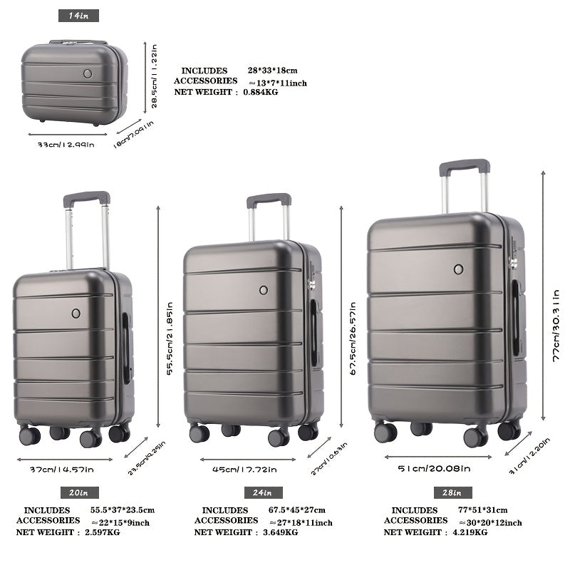 [Lightweight Durable Luggage Set] 4pcs Lightweight Durable Hardshell Luggage Set - ABS+PC Suitcases with Spinner Wheels, Telescoping Handle, Zip Closure, Combination Lock - 14"+20"+24"+28" Travel Companion