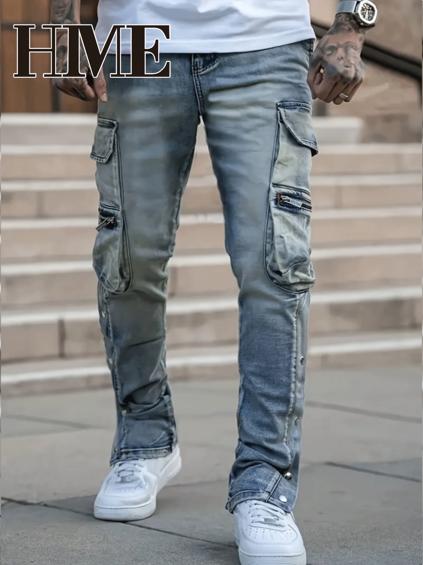 HME Men'S Skinny Faux Denim - Stretch Skinny Fit Mid-Rise Pants with Zipper Closure, Multi-Pocket Design (Including Slit Buttons), Light Washed Look for Everyday & Formal Outfits - Urban Streetwear Faux Denim for Teens & Adul