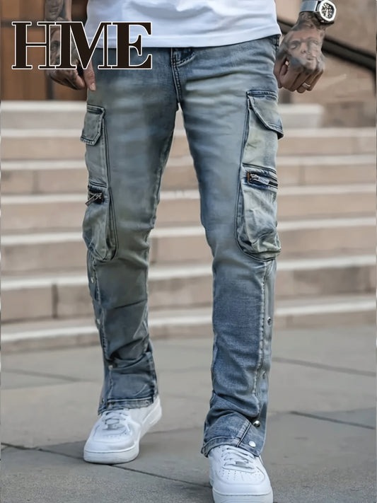 HME Men'S Skinny Faux Denim - Stretch Skinny Fit Mid-Rise Pants with Zipper Closure, Multi-Pocket Design (Including Slit Buttons), Light Washed Look for Everyday & Formal Outfits - Urban Streetwear Faux Denim for Teens & Adul