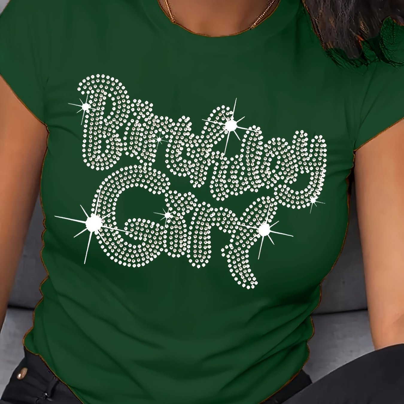 Celebratory Shine] Women's Sparkling Rhinestone "Birthday Girl" Graphic T-Shirt - Soft Polyester Knit, Crew Neck, Short Sleeve, Glittery Letter Print, All-Season Casual Wear, Festive Attire | Casual Crew Neck | Comfortable Fi