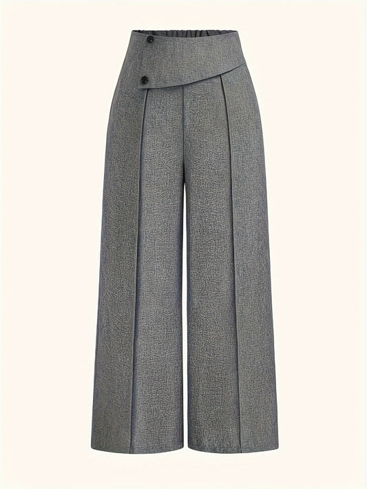Plus Size - Elegant High-Waist Wide-Leg Pants for Women - Gray, Non-Stretch Fabric, Asymmetrical Hem, Button Detail, Perfect for Spring/Summer/Fall, Versatile and Stylish, Versatile Wide Leg Pants | Asymmetrical Hem Pants | N